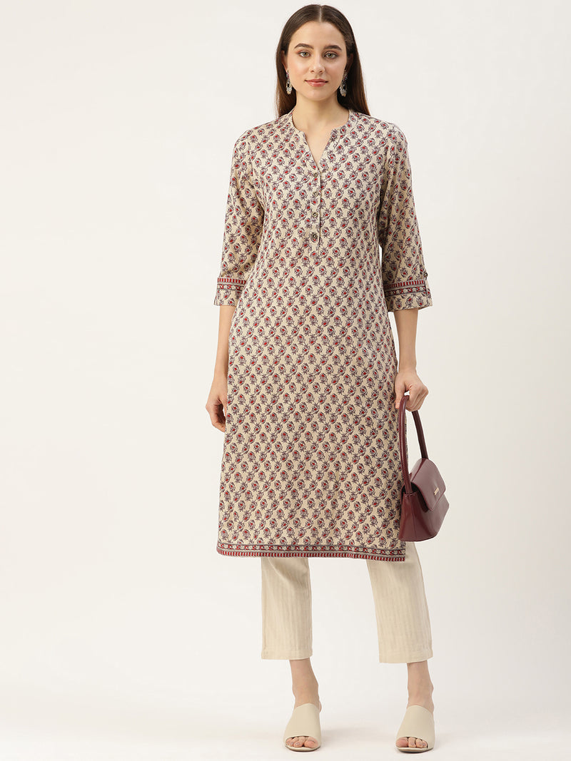 Beige Ethnic Motifs Printed Straight Rayon Kurta