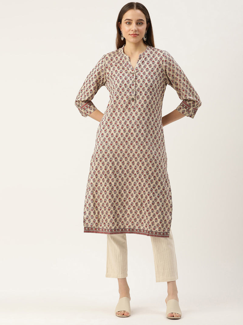 Beige Ethnic Motifs Printed Straight Rayon Kurta