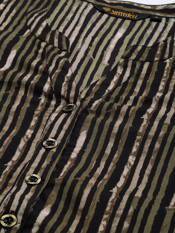 Beige & Black Striped Straight Rayon Kurta