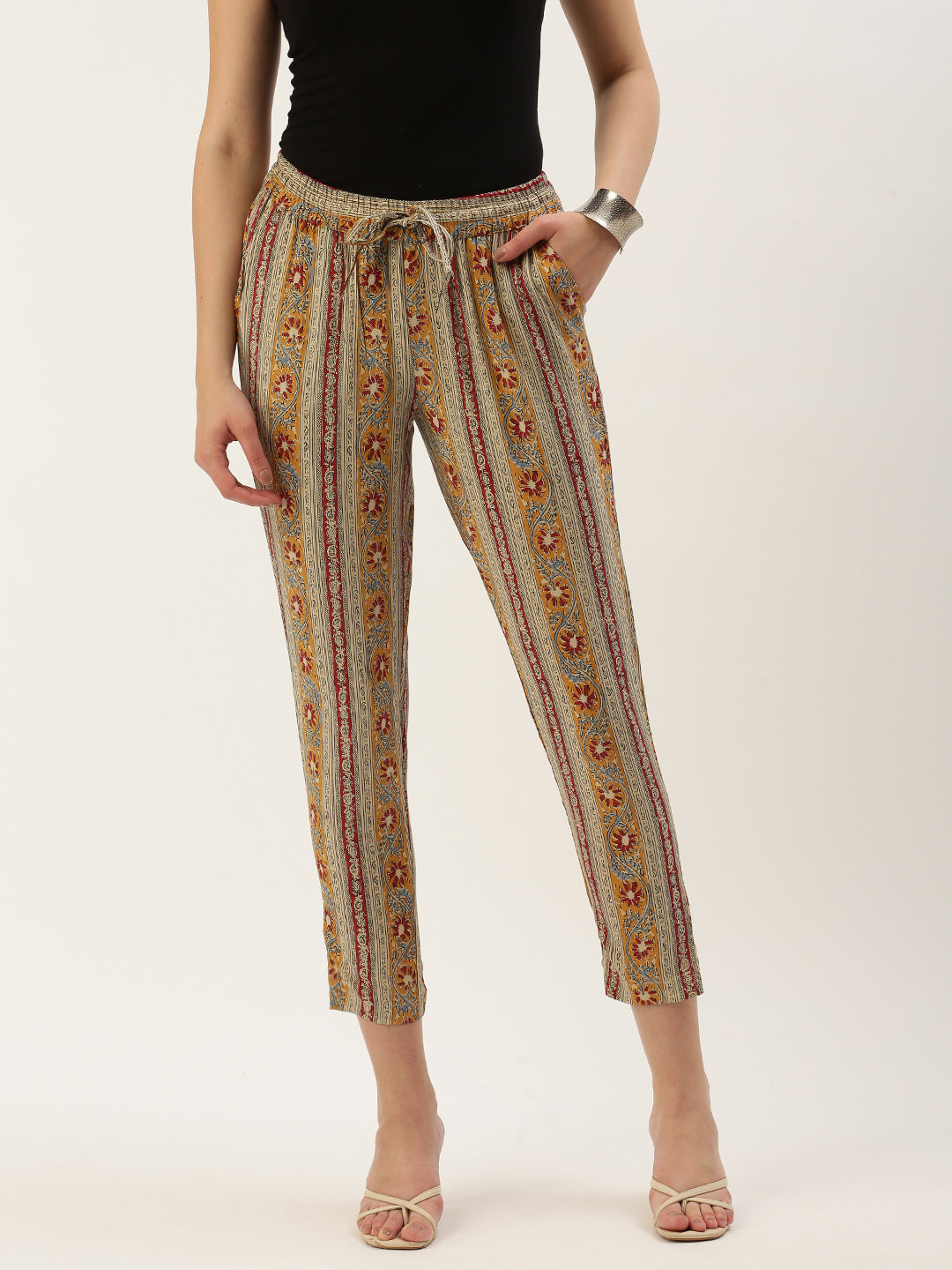 Mustard Striped Printed Pencil Pant