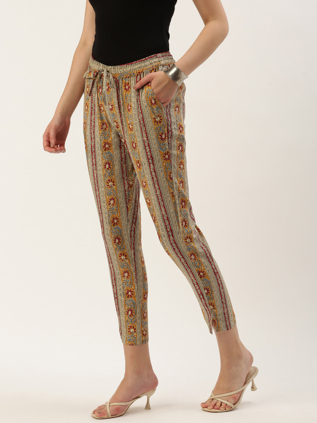 Women Green Cotton Silk Floral Foil Pencil Pants