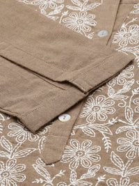Brown Embroidered Cotton Short Kurta