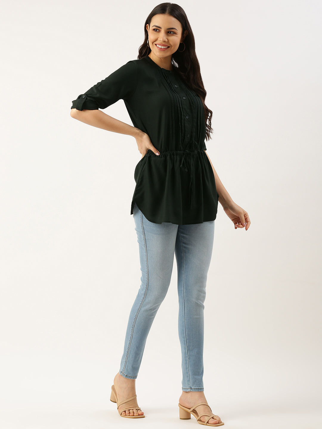 Cadet Blue Viscose Rayon Mandarin Collar Tunic