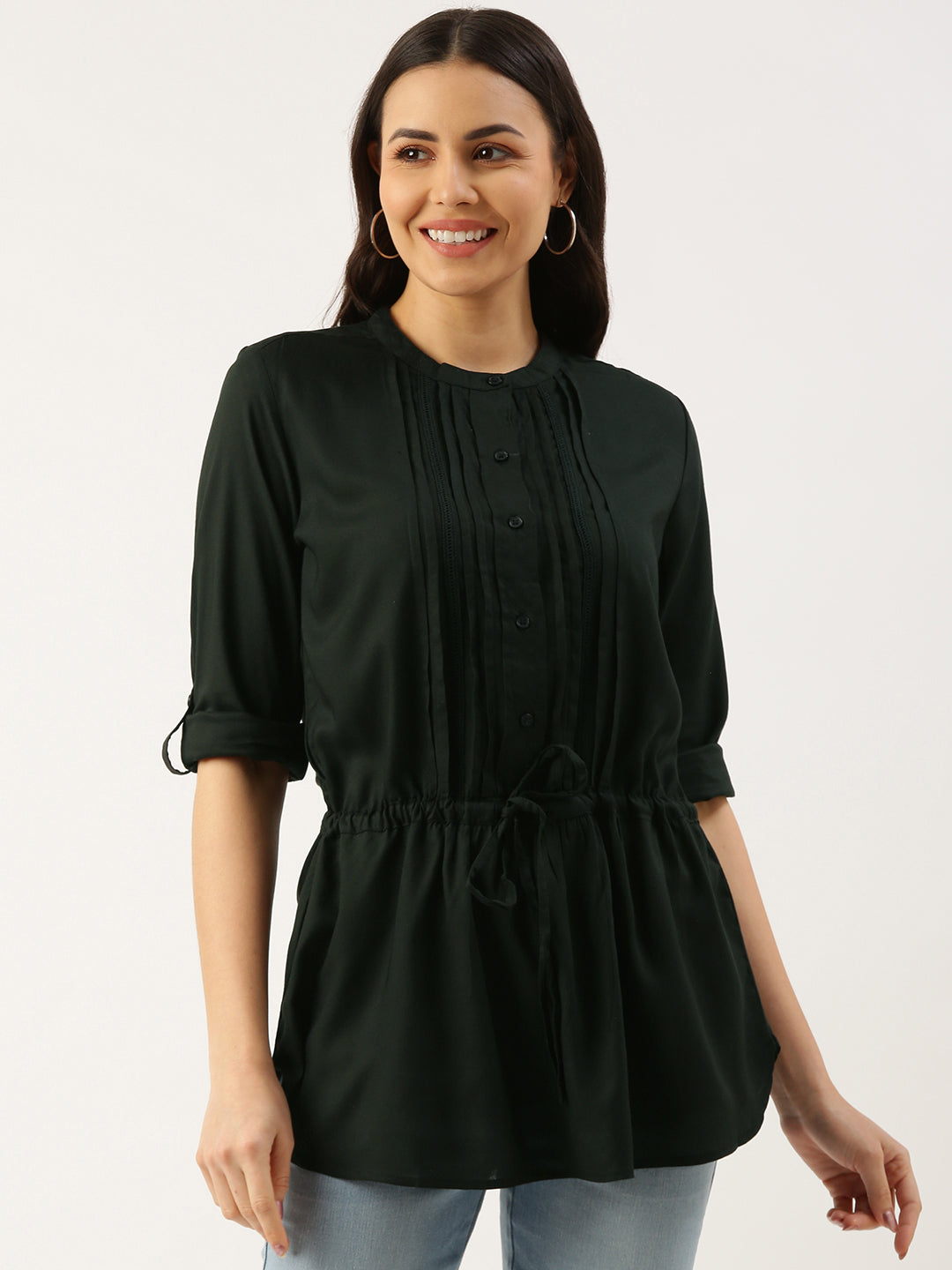 Cadet Blue Viscose Rayon Mandarin Collar Tunic