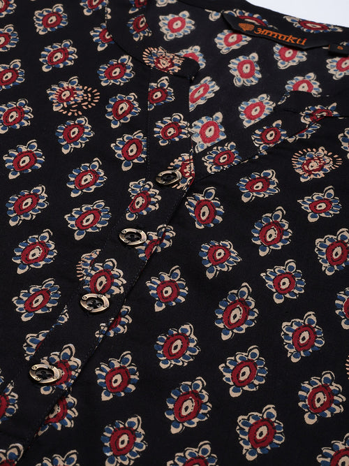 Black Ethnic Motifs Printed Straight Rayon Kurta