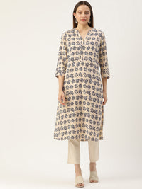 Beige & Blue Floral Printed Straight Kurta
