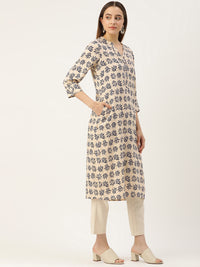 Beige & Blue Floral Printed Straight Kurta