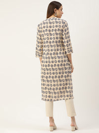 Beige & Blue Floral Printed Straight Kurta