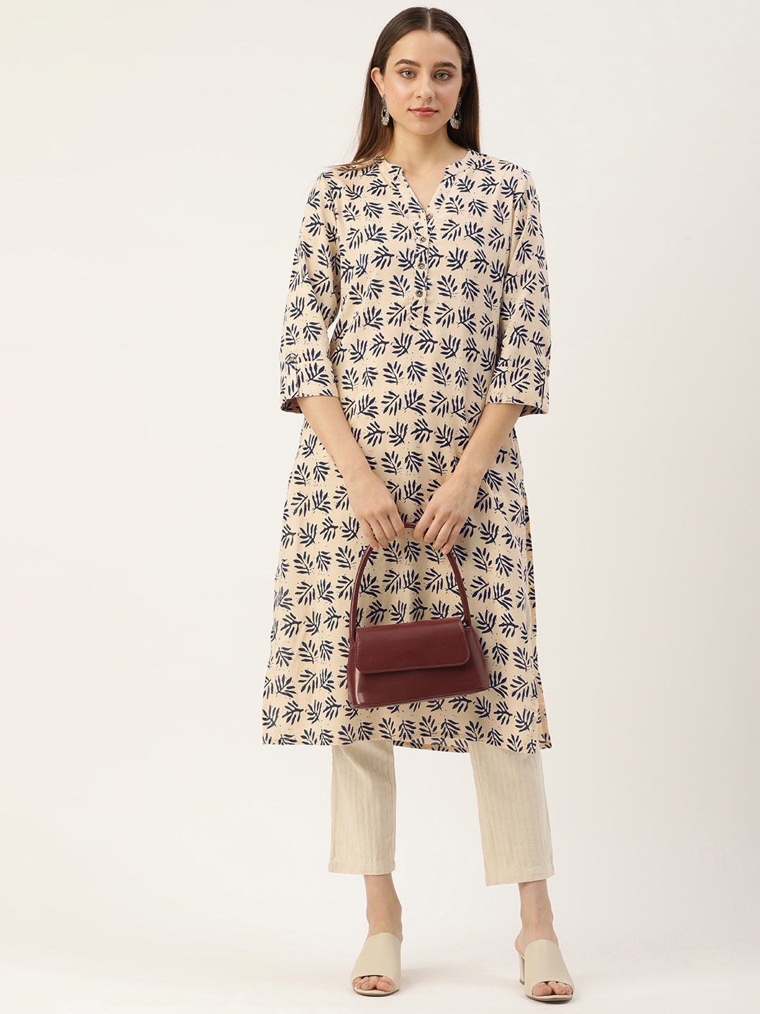 Beige & Blue Floral Printed Straight Kurta