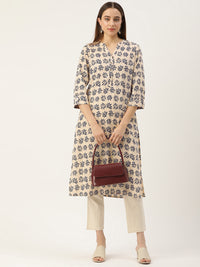 Beige & Blue Floral Printed Straight Kurta