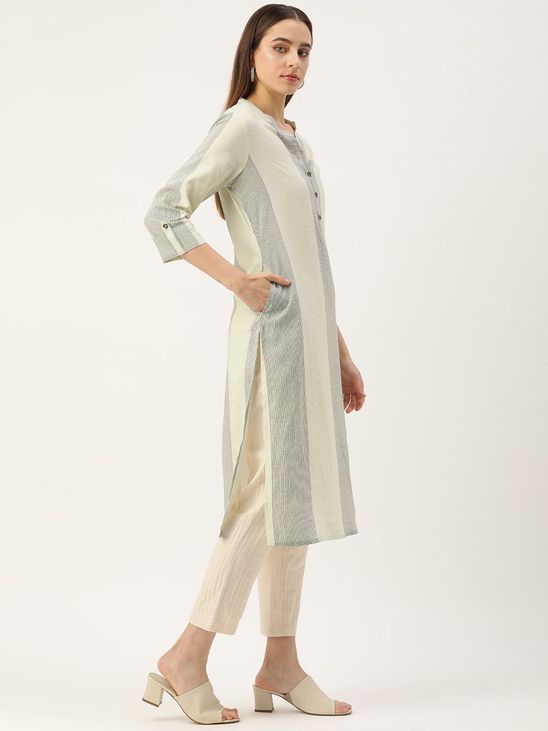 Beige & Grey Striped Straight Kurta