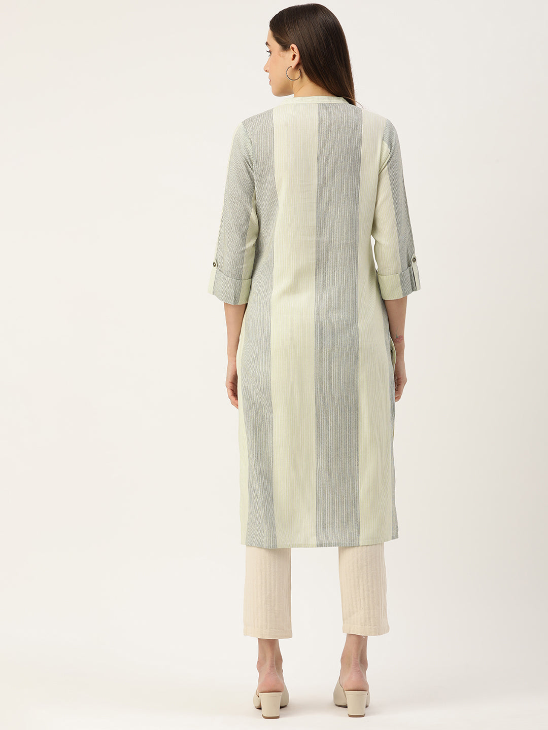 Beige & Grey Striped Straight Kurta