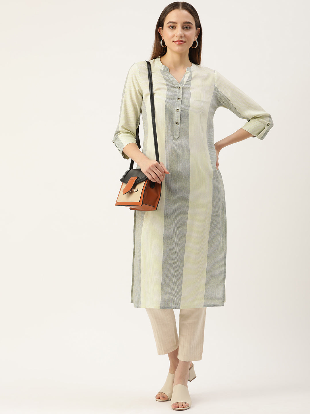 Beige & Grey Striped Straight Kurta