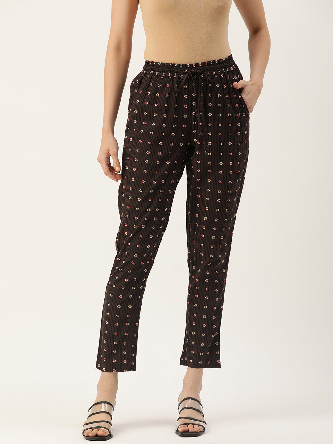 Brown Floral Striped Pencil Pant