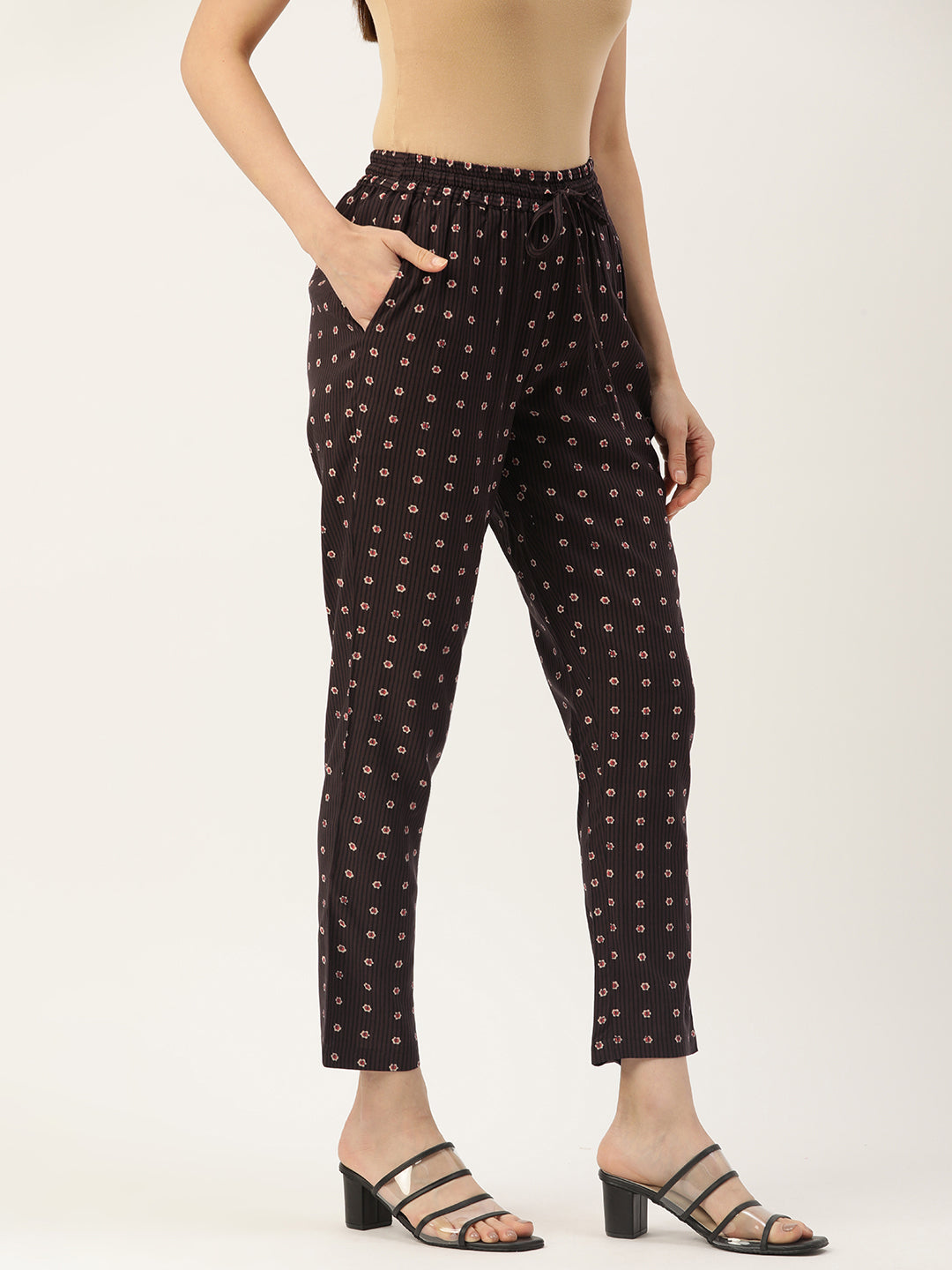 Brown Floral Striped Pencil Pant