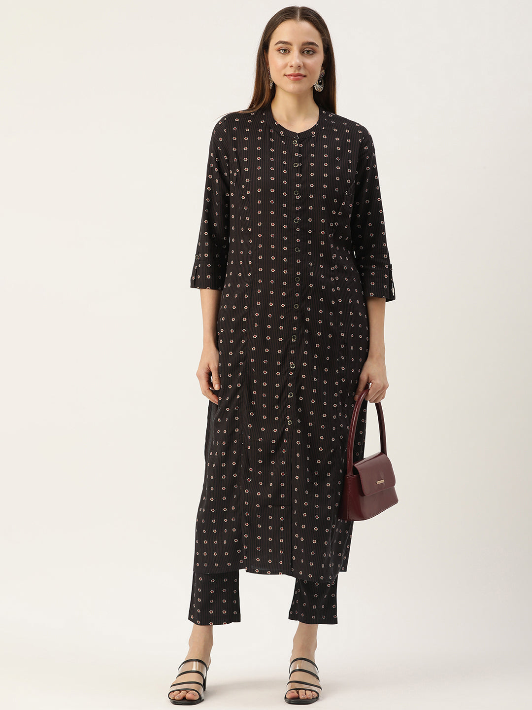 Brown Floral Printed Princess Cut Kurta
