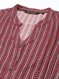 Maroon Viscose Rayon Mandarin Collar Printed Tunic