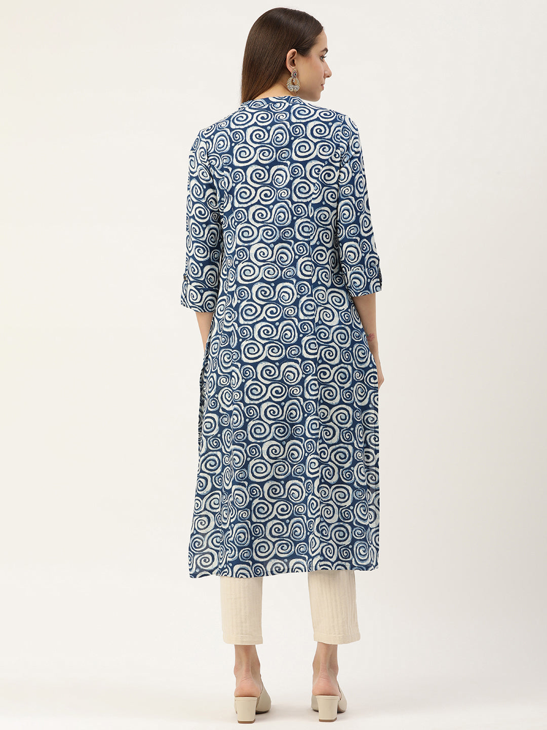 Blue & White Geometric Printed Princess Cut Kurta