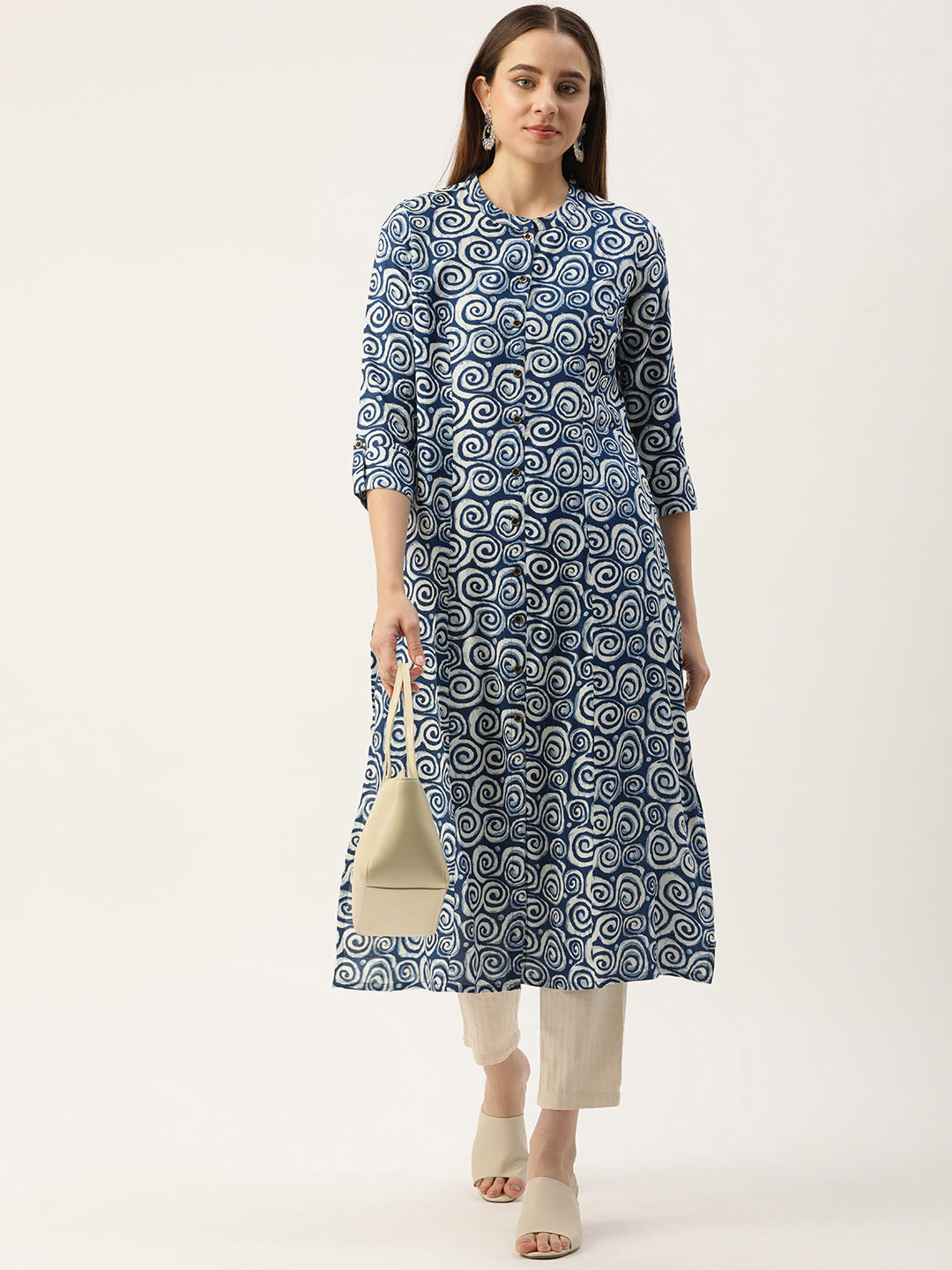 Blue & White Geometric Printed Princess Cut Kurta