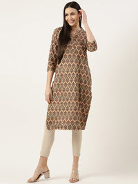 Beige & Red Ethnic motifs Printed Kurta