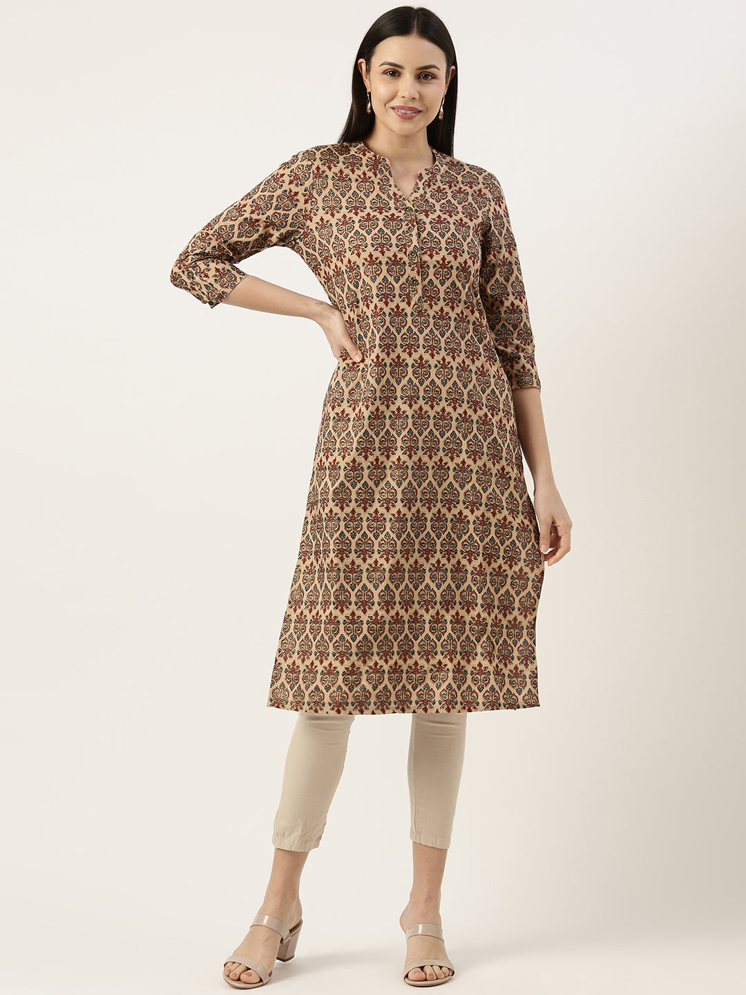 Beige & Red Ethnic Motifs Printed Kurta