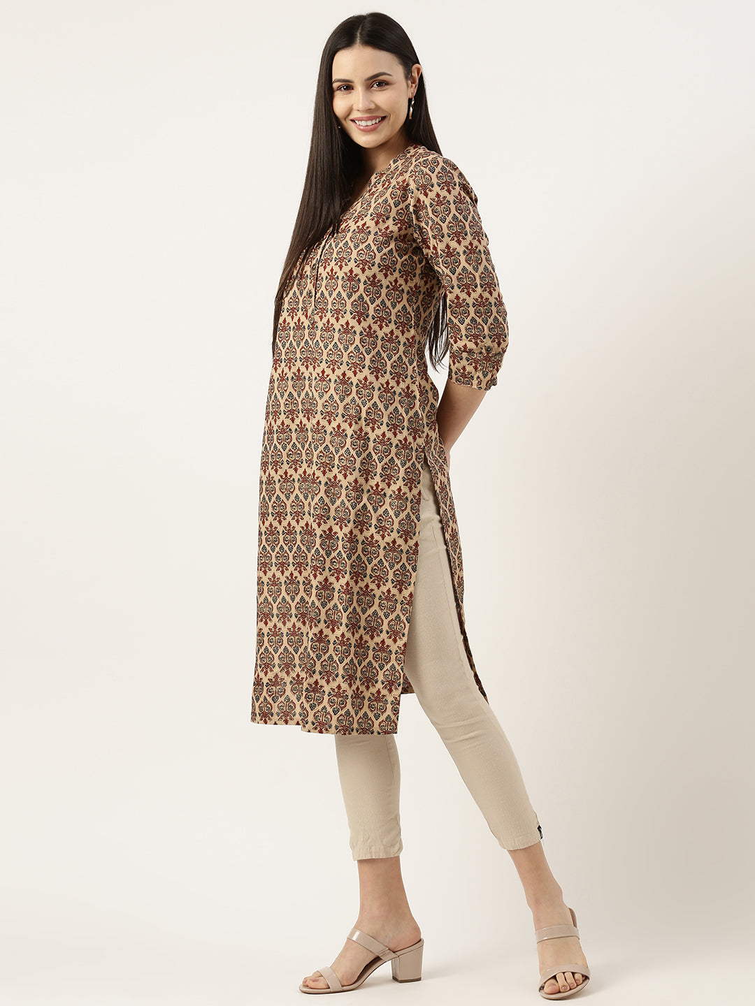 Beige & Red Ethnic motifs Printed Kurta