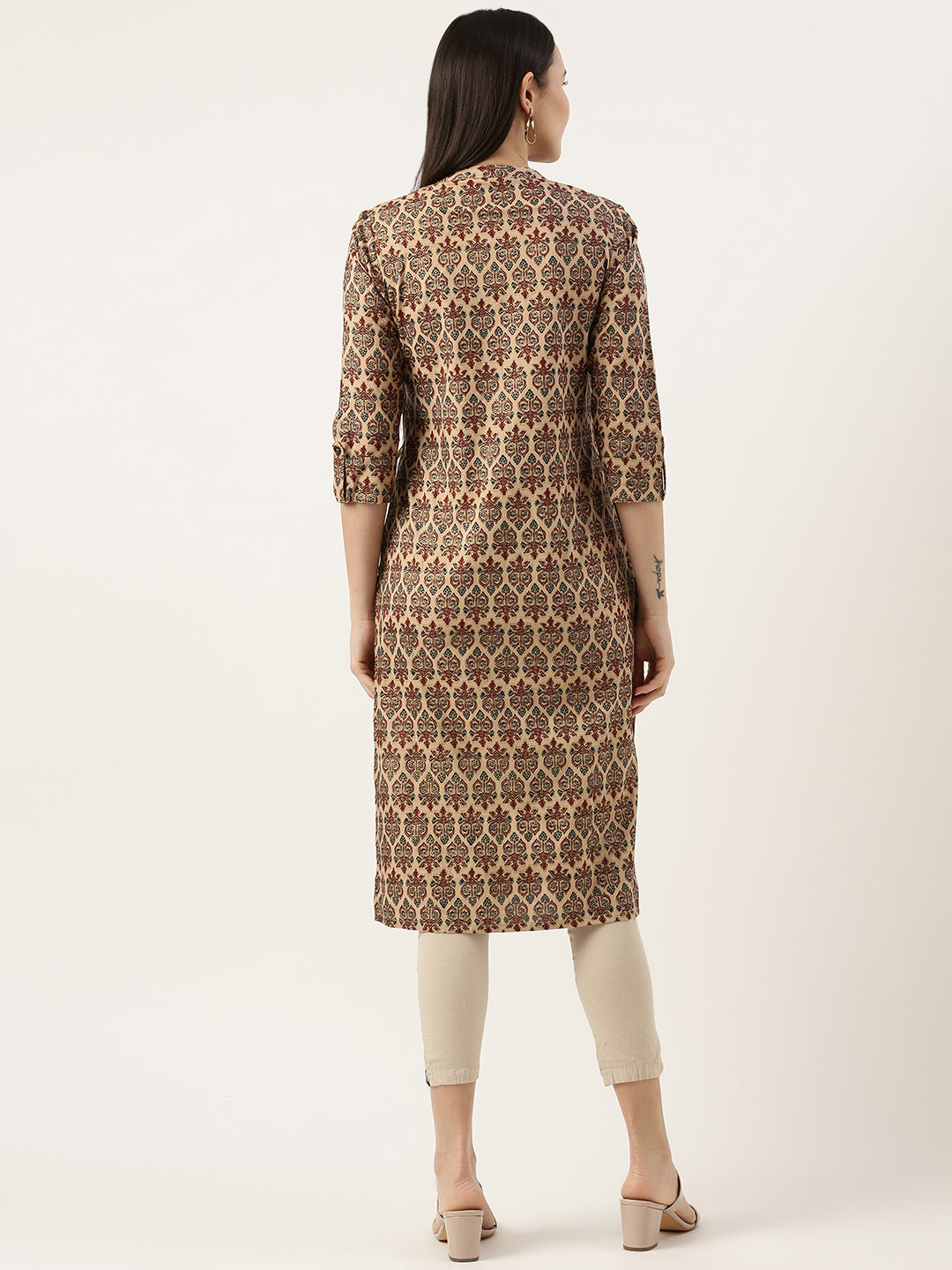 Beige & Red Ethnic motifs Printed Kurta