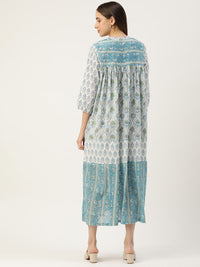 Blue Green Floral A-Line Cotton Dress