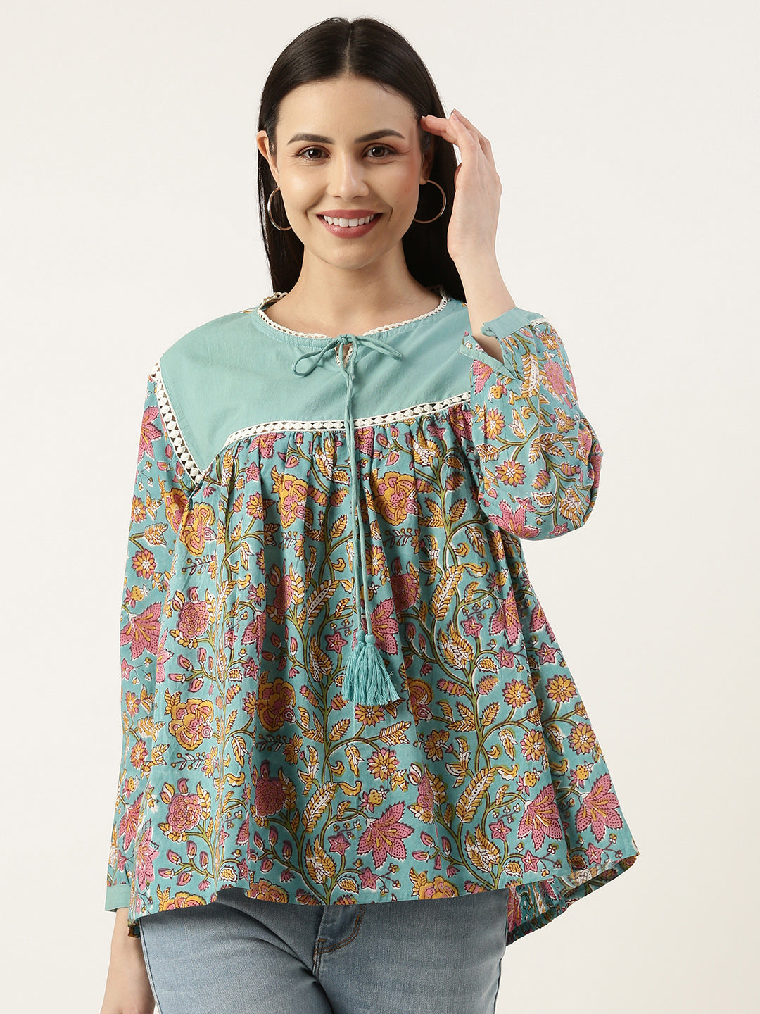 Teal Floral Printed Tie-Up Neck Tunic