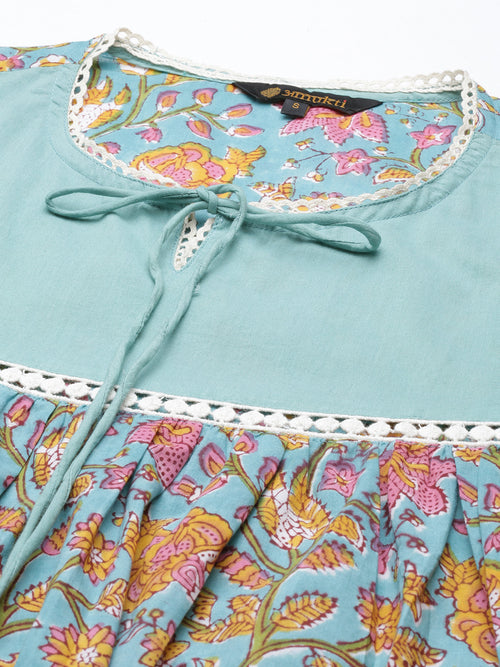 Teal Floral Printed Tie-Up Neck Tunic