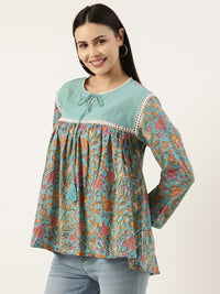Teal Floral Printed Tie-Up Neck Tunic