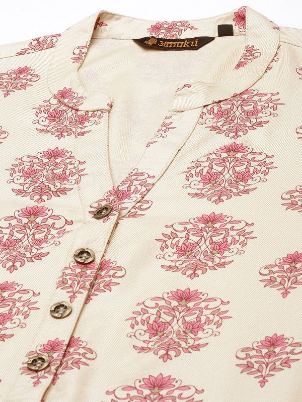 Beige & Red Striped  Floral Printed Kurta