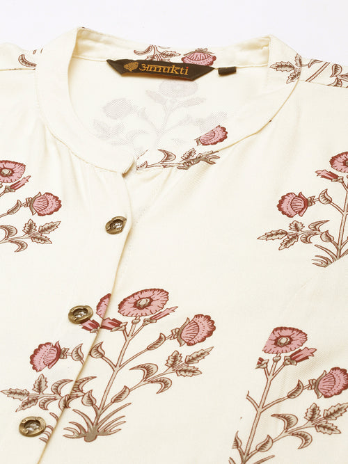 Beige Princess Cut Floral Printed Kurta