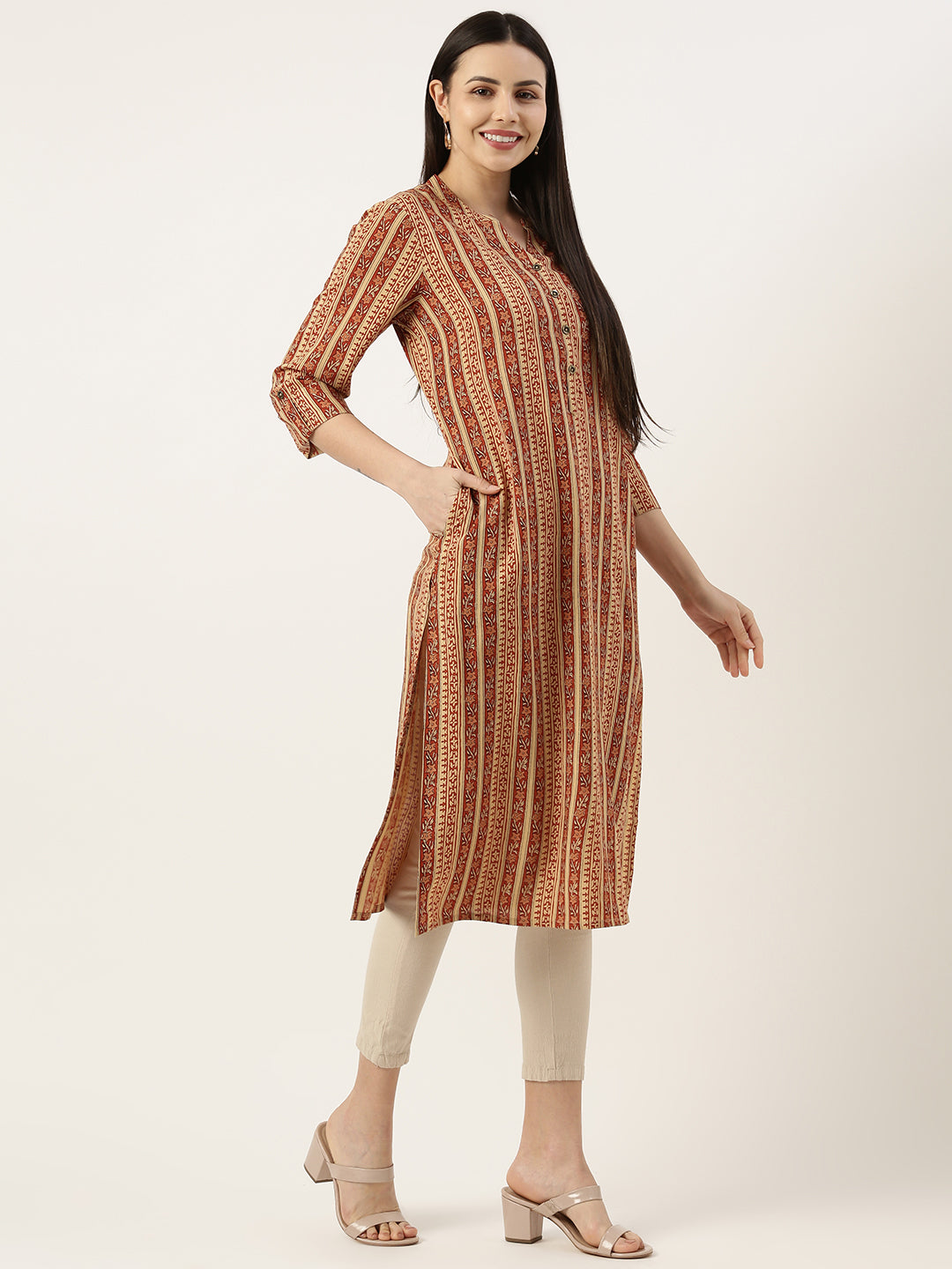 Red & Beige Striped  Floral Printed Kurta