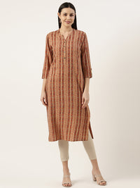 Red & Beige Striped  Floral Printed Kurta