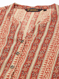 Red & Beige Striped  Floral Printed Kurta