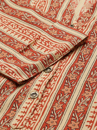 Red & Beige Striped  Floral Printed Kurta