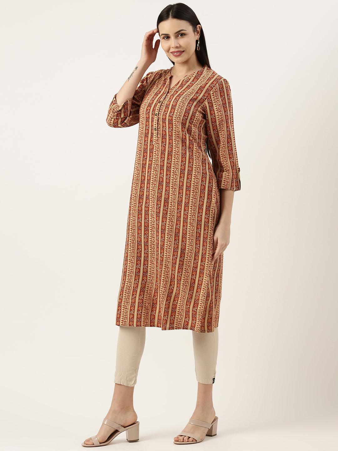 Red & Beige Striped  Floral Printed Kurta