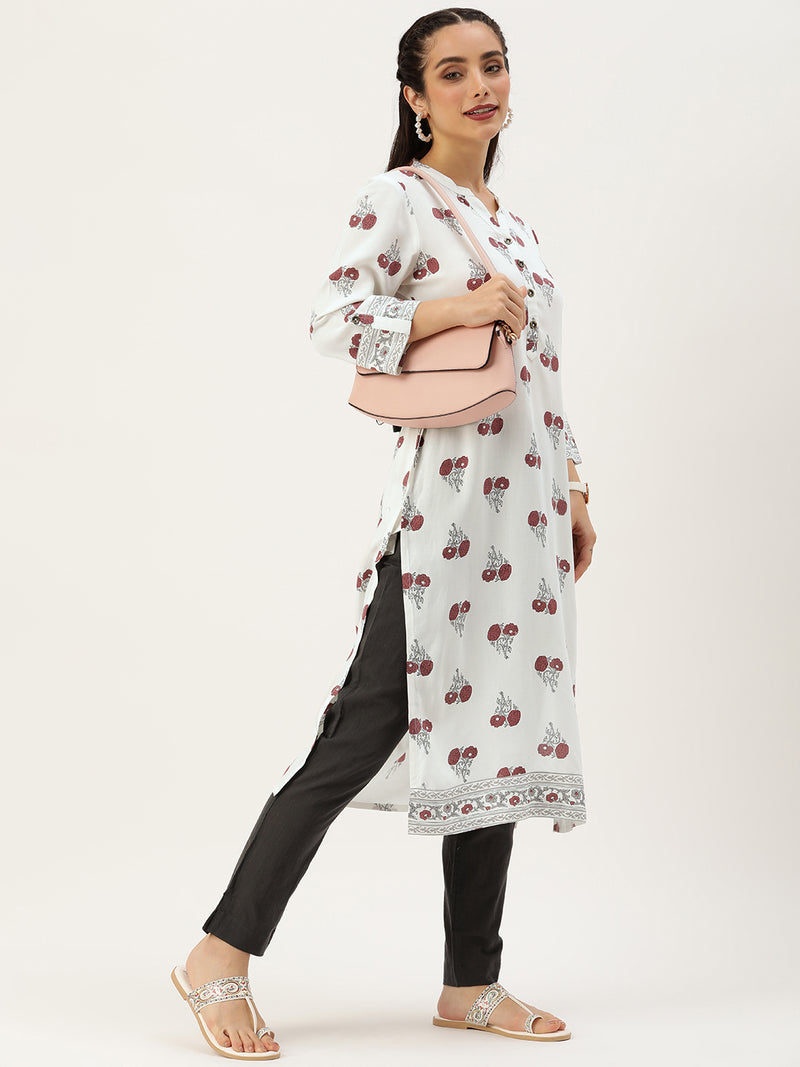 White Floral Printed Straight Cut Kurta