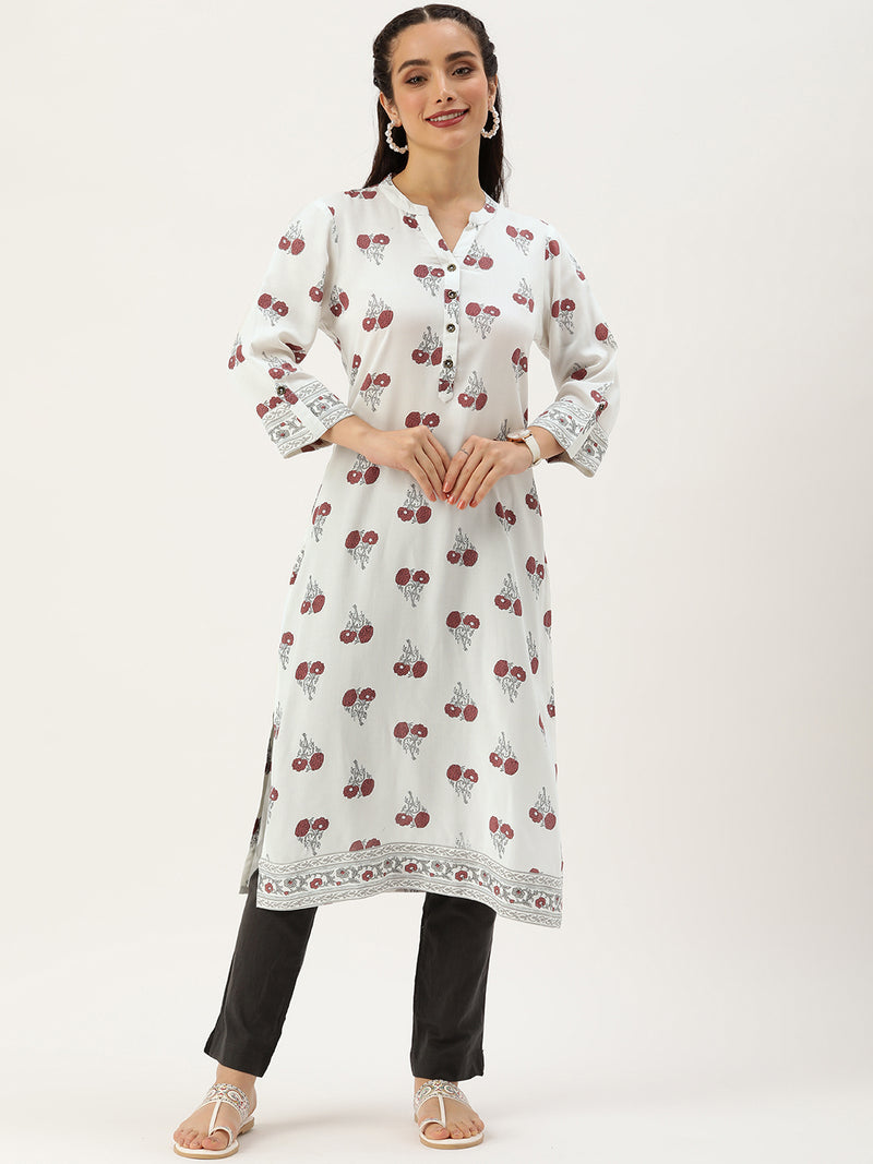 White Floral Printed Straight Cut Kurta