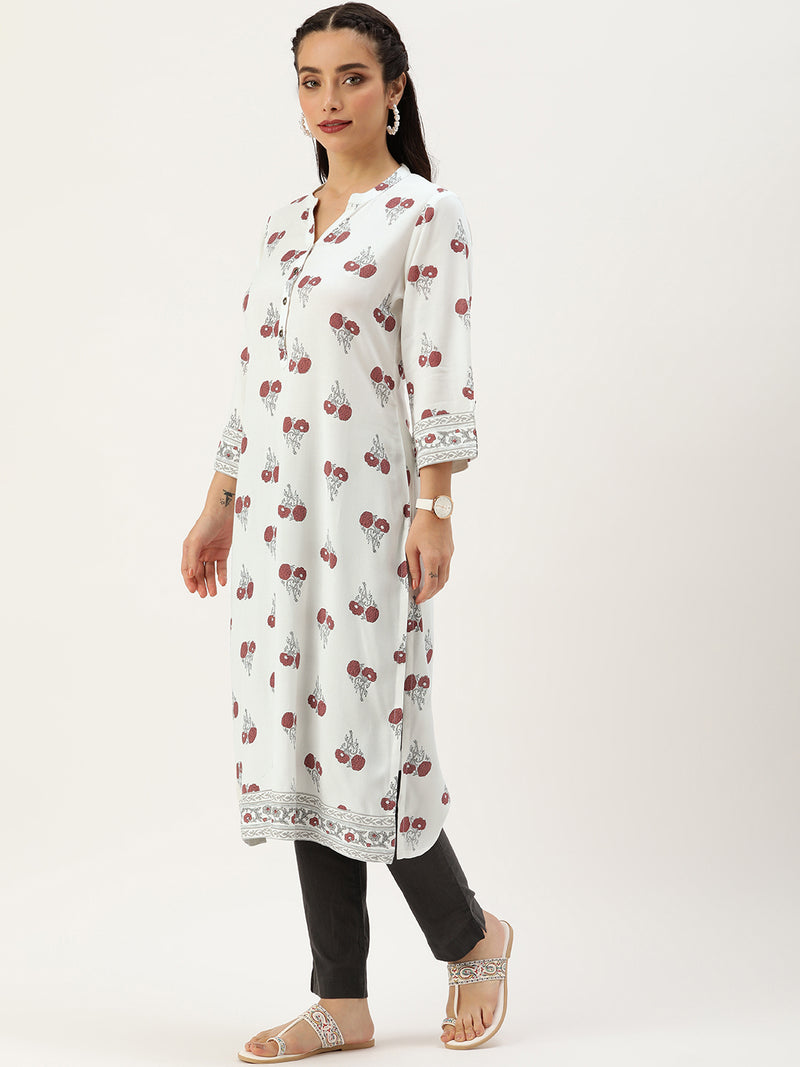 White Floral Printed Straight Cut Kurta