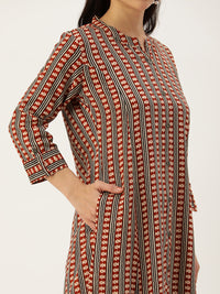 Rust & Beige Striped Princess Cut Kurta