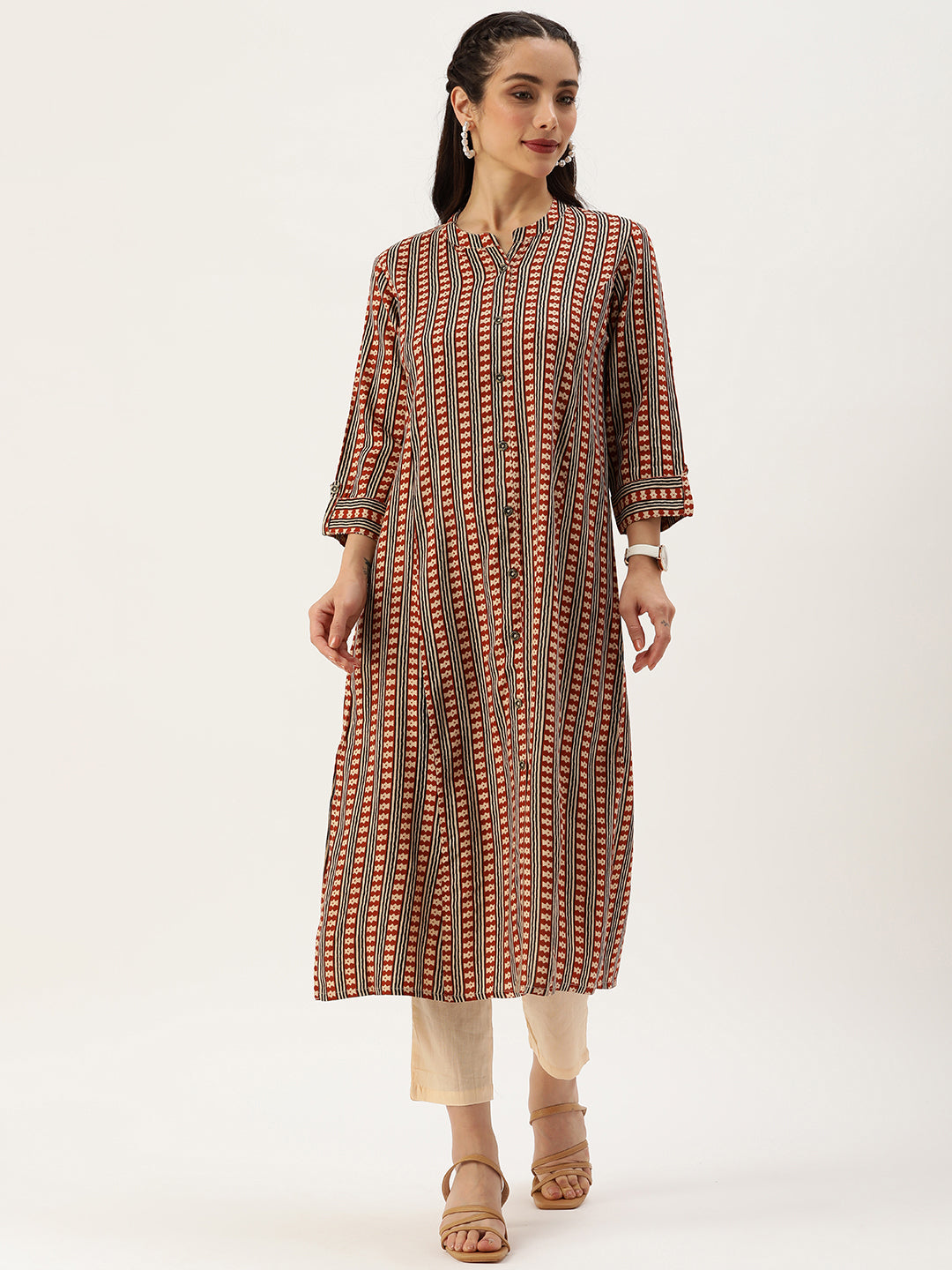 Rust & Beige Striped Princess Cut Kurta