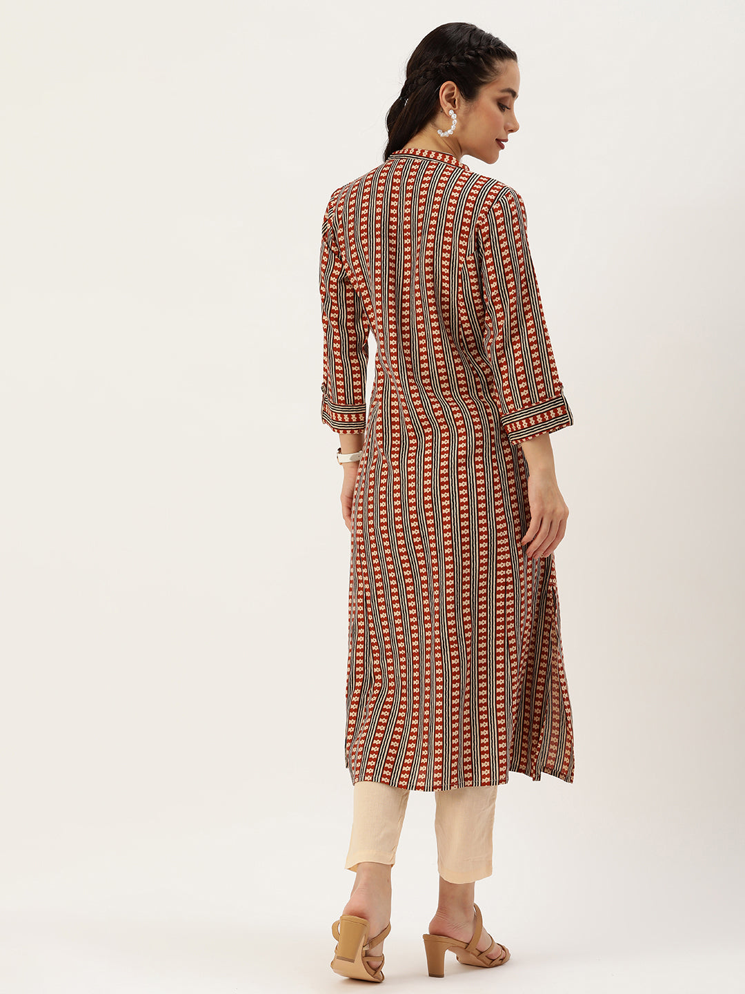 Rust & Beige Striped Princess Cut Kurta