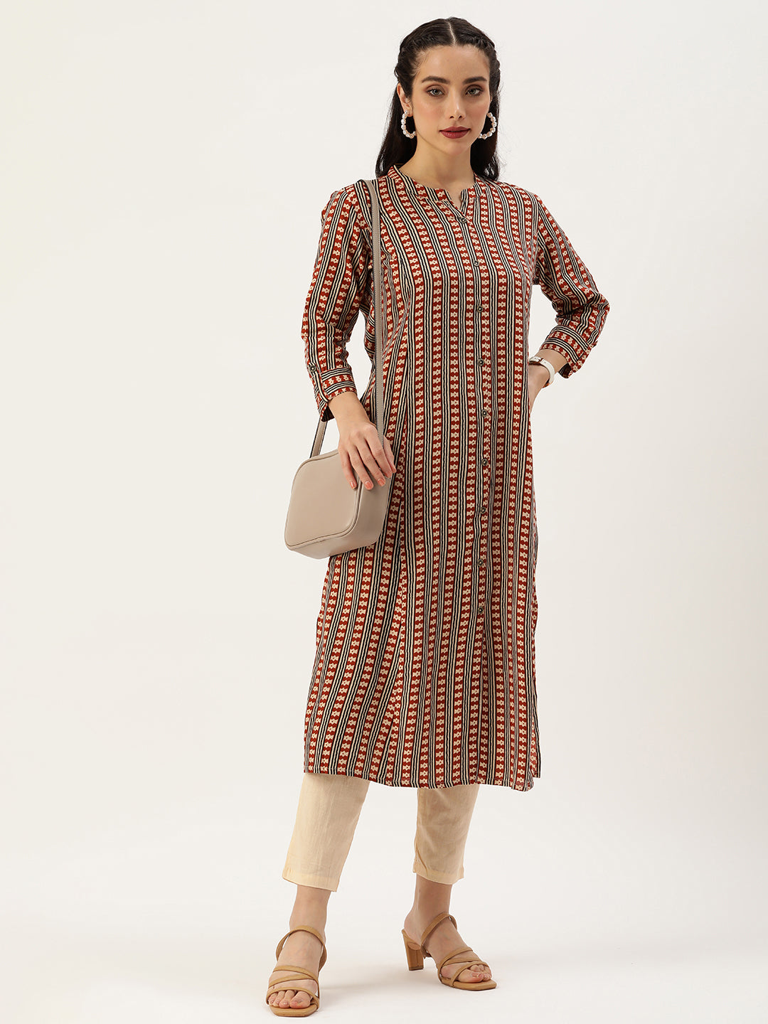 Rust & Beige Striped Princess Cut Kurta