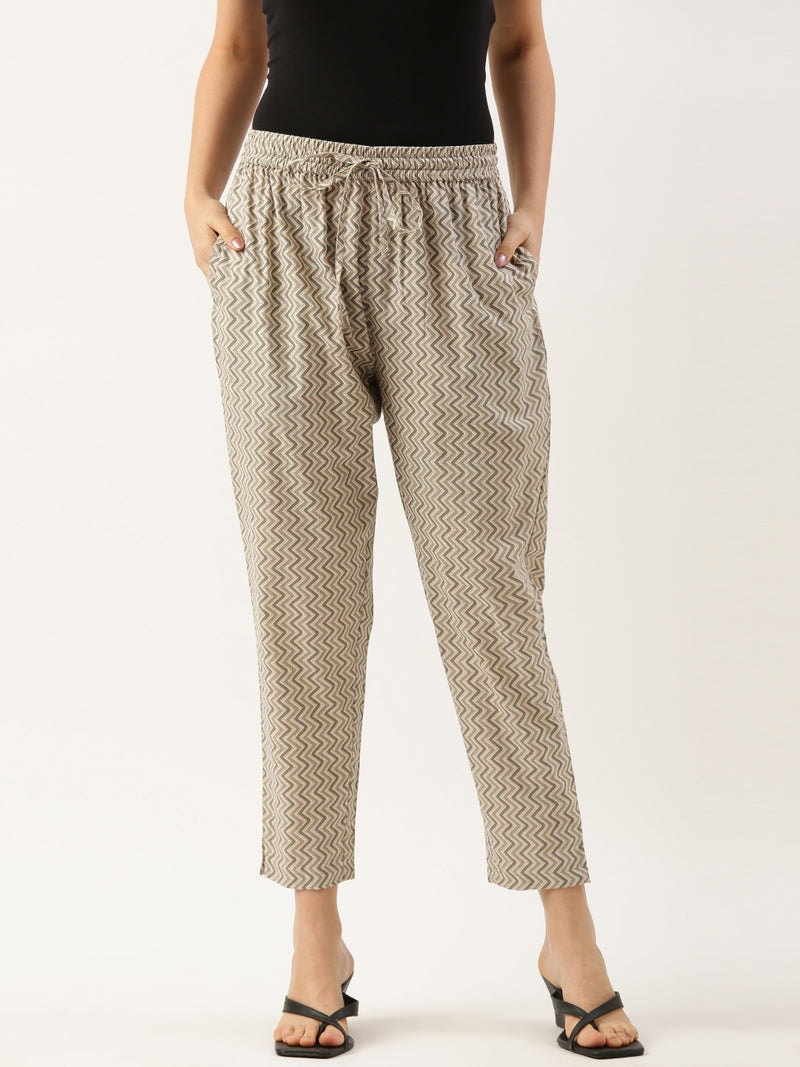 Beige & Grey Zigzag Printed Pencil Pant