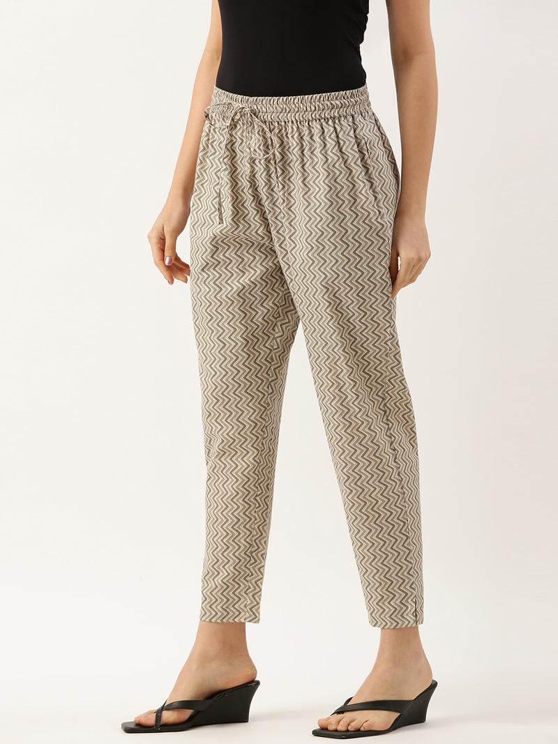 Beige & Grey Zigzag Printed Pencil Pant