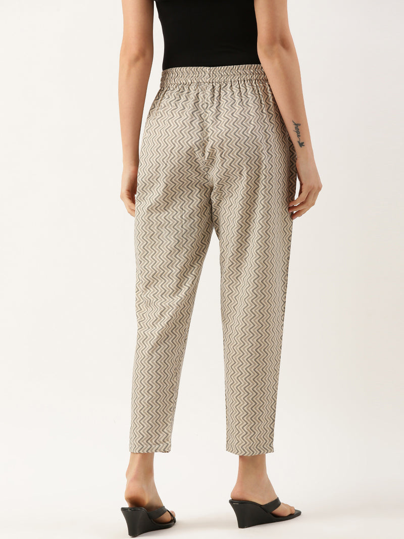 Beige & Grey Zigzag Printed Pencil Pant