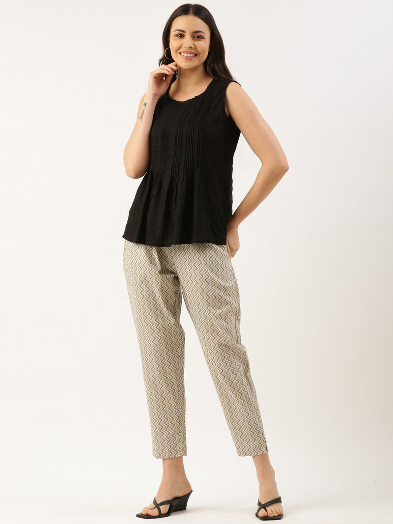 Beige & Grey Zigzag Printed Pencil Pant