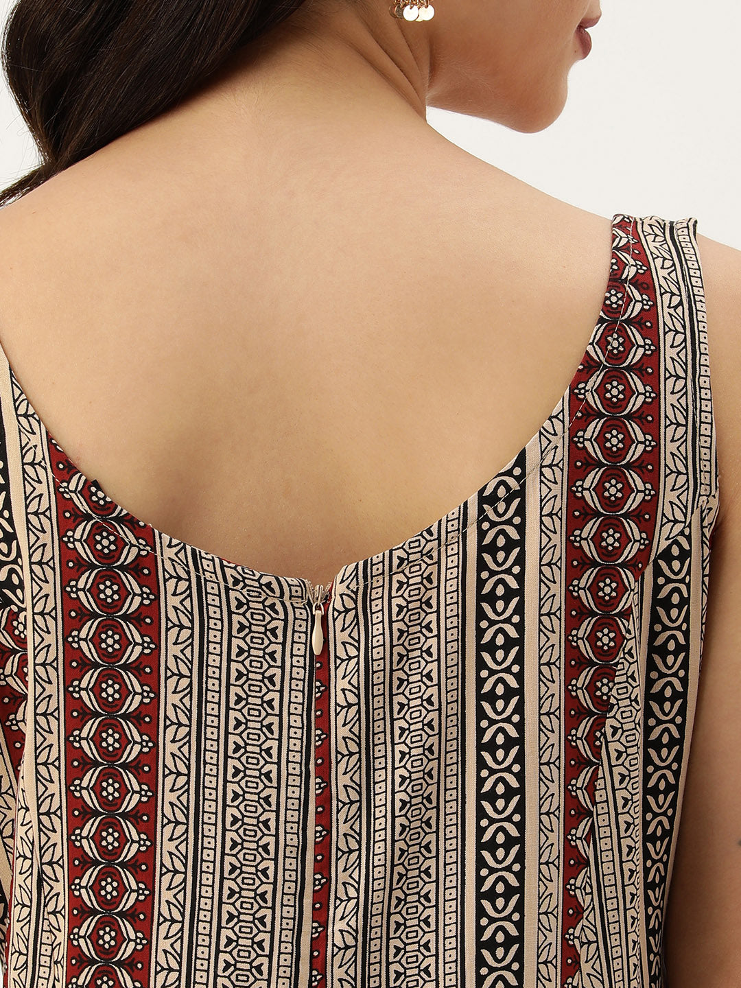 Beige Striped Printed Sleeveless Dress